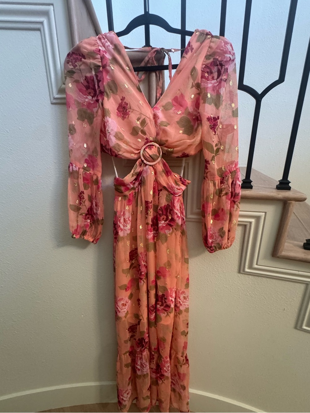 RAHI Floral Pink Cutout Maxi Dress with Sheer Puff Sleeves